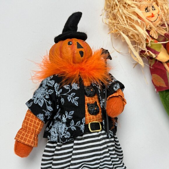 Festive Halloween Harvest Scarecrow Pair Pumpkin Witch Free Standing Decor - Picture 5 of 9